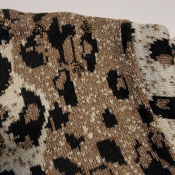 Lisa Originals Animal Print Gold Black Cream Beaded Knitted Blouse Top Sz L - Picture 13 of 14
